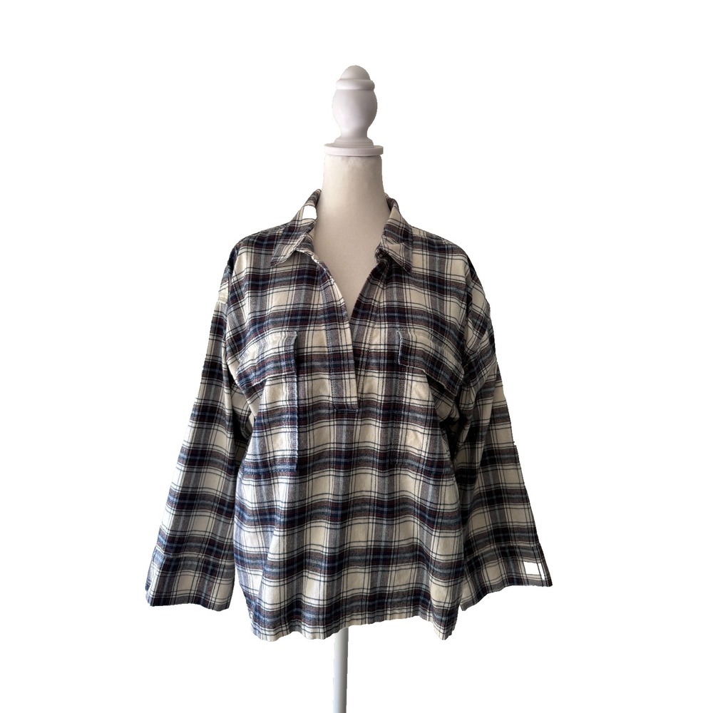 LOFT Plaid Flannel Popover Shirt Women Sz L Brown Blue White Cotton Long Sleeve‎